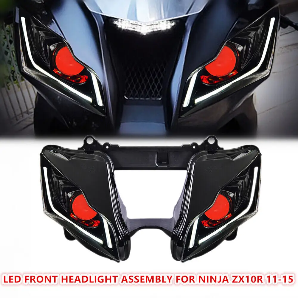Фара передняя полная LED-сборка 1X для мотоцикла Kawasaki Ninja ZX10R ZX 10R 2011-2015 с оптическим волокном DRL головной фонарик US STOCK.