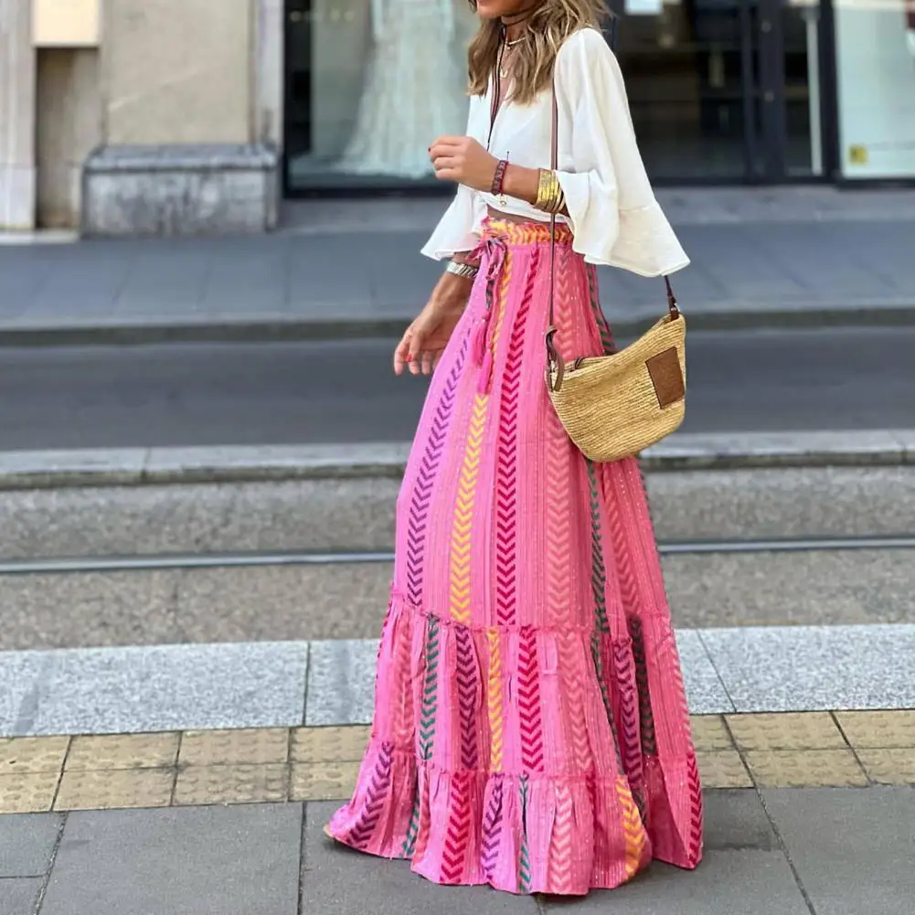 

Women Ruffle Skirt Colorful Elastic Waist Lady Party Skirt Soft Non-Fading All-Match Loose Casual Maxi Skirt Streetwear