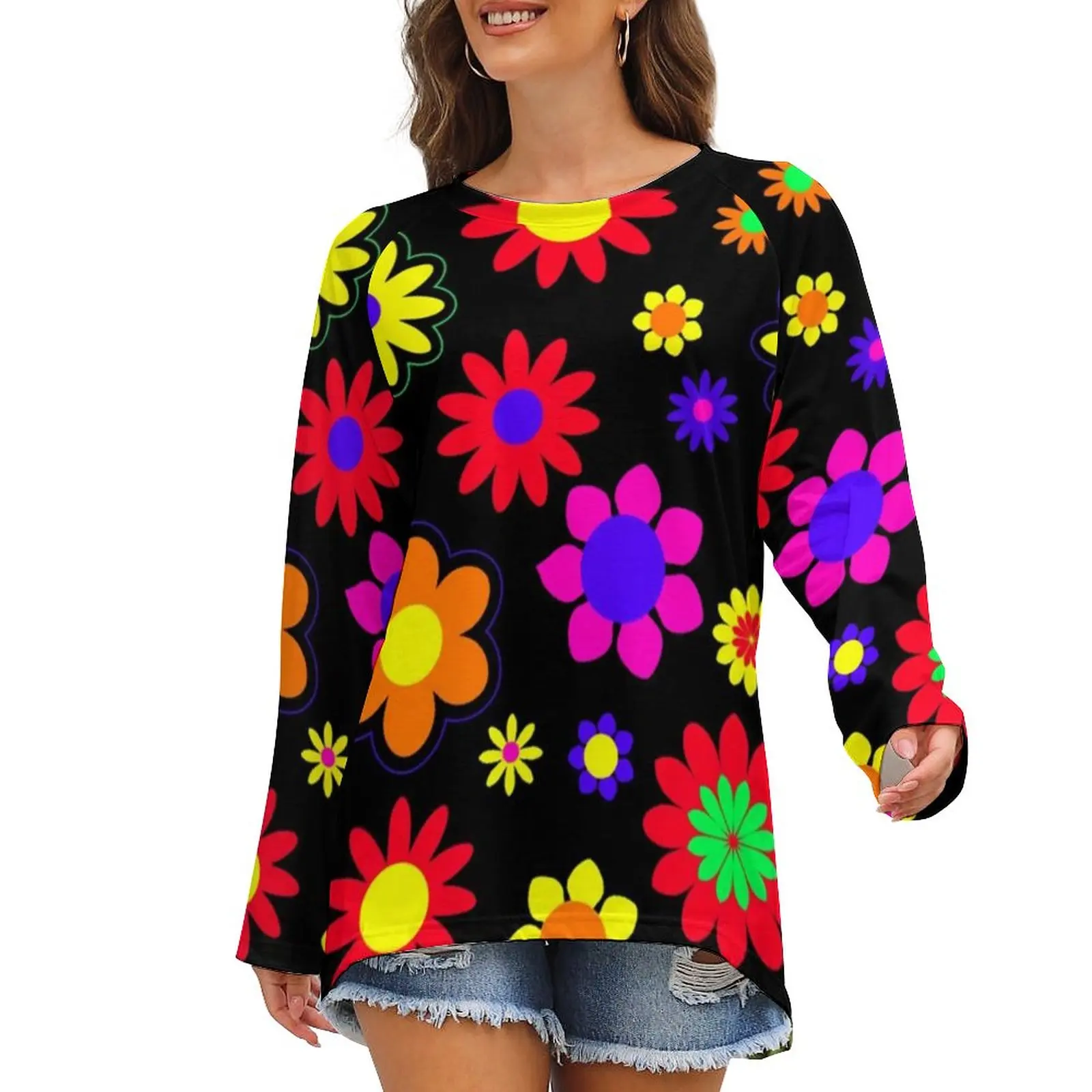 Футболка женская оверсайз с длинным рукавом Элегантная Модная рубашка цветочным