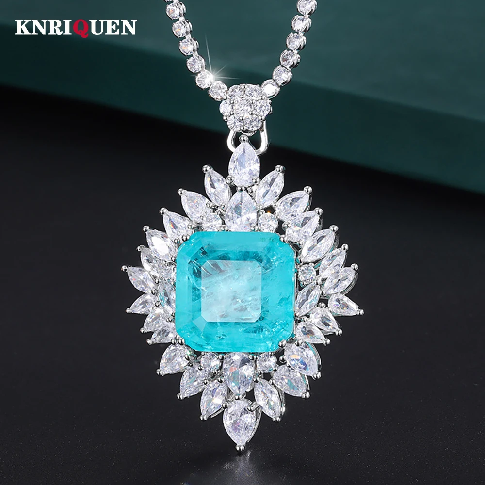 

Vintage 18*18mm Emerald Paraiba Tourmaline Pendant Necklace All Match Tennis Chain for Women Lab Diamond Party Fine Jewelry Gift