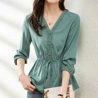 commuter elegant solid color waist lacing shirt for female new spring fashion korean button spliced v neck long sleeve blouses