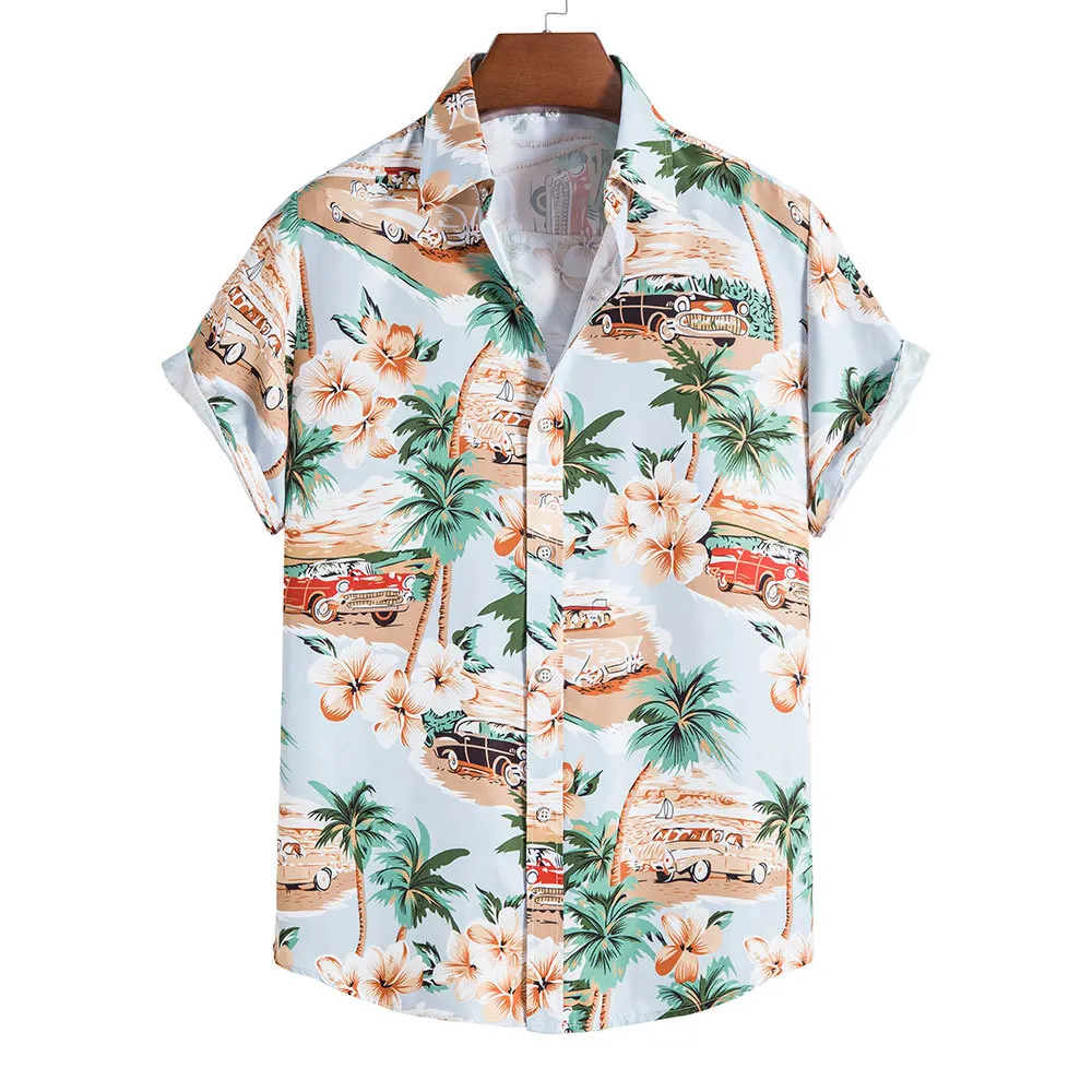 2023 Summer Men's Shirt Casual men's Hawaiian soft shirt Car coconut Print Short sleeve beach shirt top men and women top 5XL