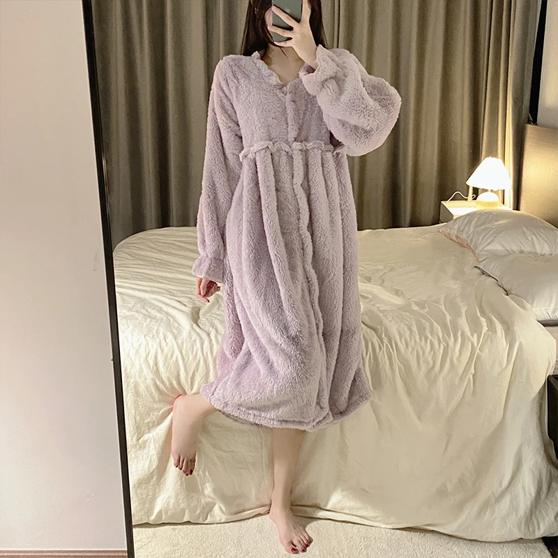 Women Sleep Dress Warm Flannel Pyjamas Autumn Winter Thick Coral Velvet Nightgowns Robe Long Sleeve Sleepwear Female Homewear