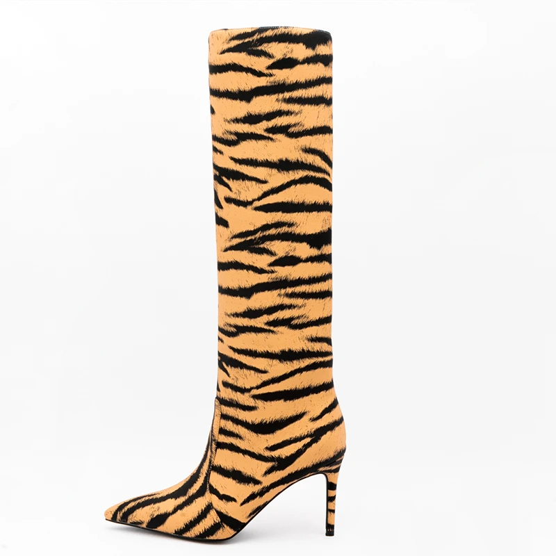 2022 New Design Pointy Toe Tiger Stripe High Heel Shoes Boots Sexy for Women Slip on Custom Big Size 47 Knee High Boots
