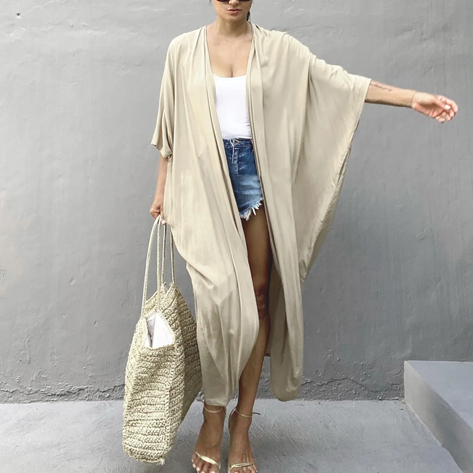 

Summer Cardigan Feminino Bohemian Women Loose Solid Beach Bandage Swimwear Bikini Cover-up Blouse Shawl Female Bathing Suit