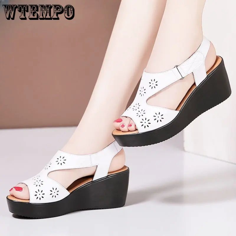 WTEMPO Women Wedge Sandals Summer Fashionable Hollow Platform Mother Shoes Comfortable and Versatile Fashion Retro Sandals