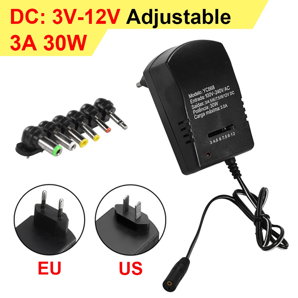 

Universal DC Adapter Adjustable Charger Adapter Voltage 3/4.5/6/7.5/9/12V Power Supply Converter Power Adapter 6 Plug 3A 30W