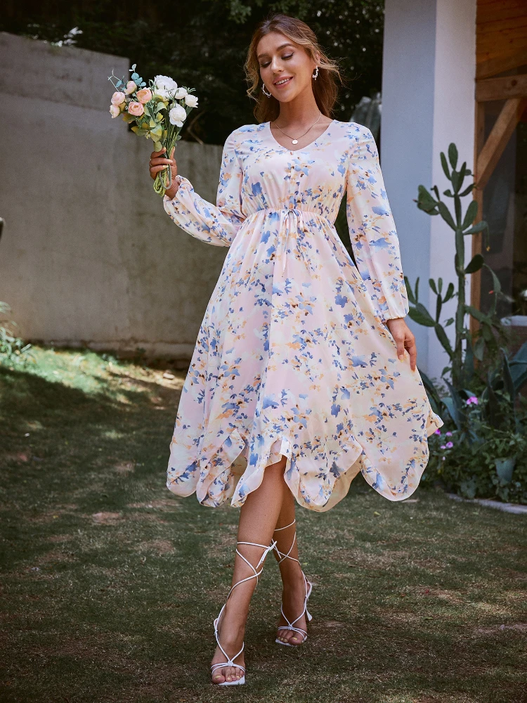 

2022 Summer High Waist Printed Long Sleeved Mid Length Skirt Commuter Slim Fit Fashionable Dress Prairie Chic Woman Dress