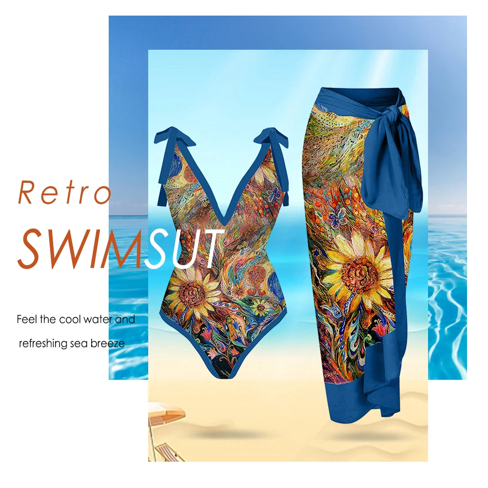 

Beach Wear with Dress Printed Beach Athletic Swimsuit 2-Piece Women Lace Up Breathable Conservative Fashionable for Water Sports