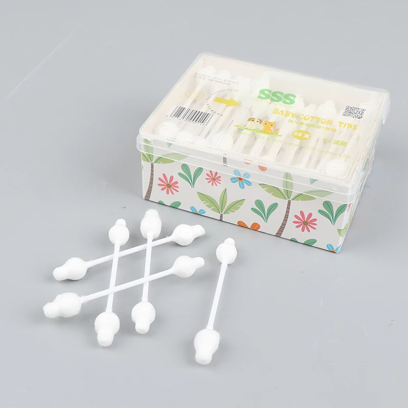 55pcs Safety Baby Cotton Swab Gourd Shape Clean Ears Sticks Medical Buds Tip Swabs Box Plastic |