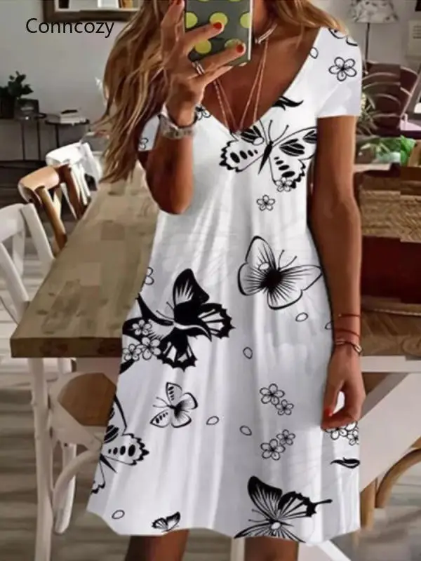 

Women Dresses Short Sleeve Casual Summer Mini Dress Butterfly Printing V-Neck Loungewear Ladies Dress Simple Streetwear 2022 New