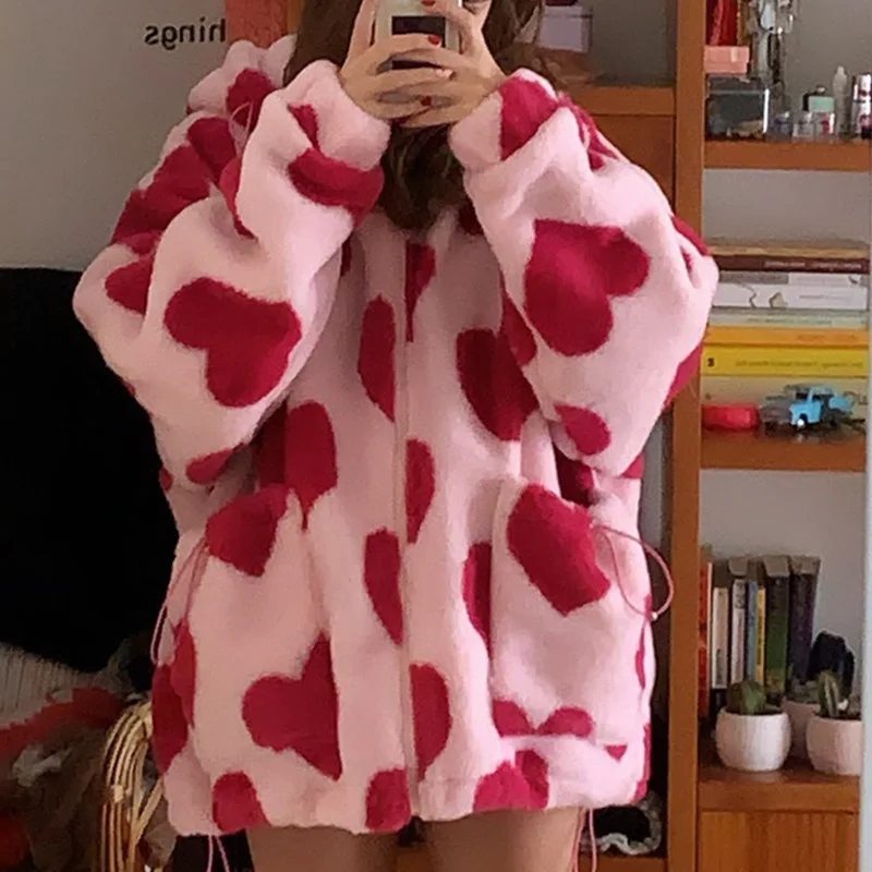 Love Print Lamb Fleece Jacket Hong Kong Style Men's and Women's Couples Loose Hooded All-match Padded Clothes Winter Coat Women