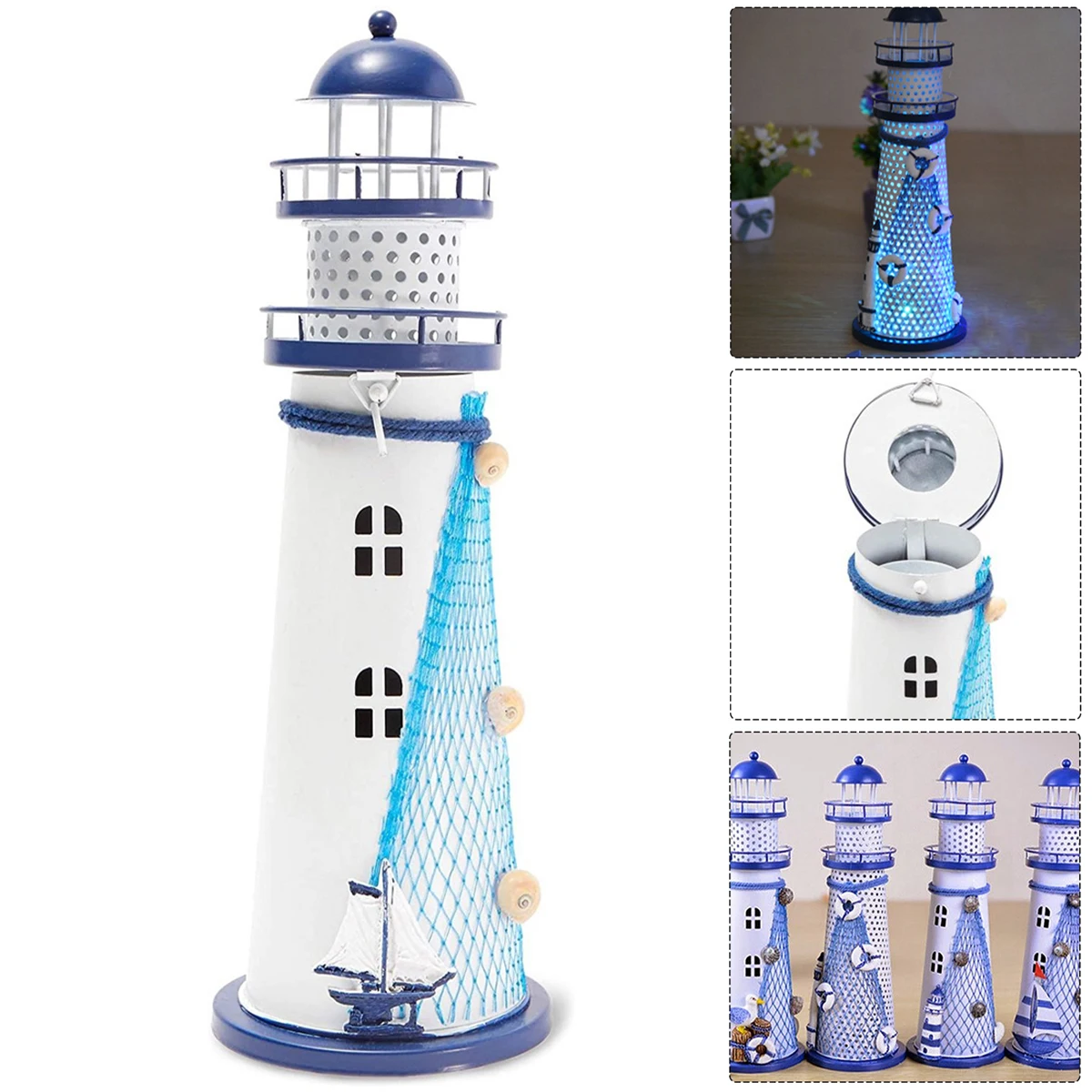 

Metal Lighthouse Decor with Candle Holder Nautical Lighthouse Ornament Decorative Mediterranean Tower Light for Home Desktop