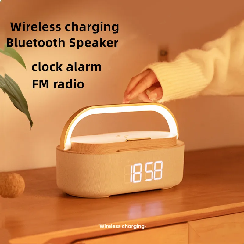 

wireless charging bluetooth speaker clock alarm boom box Led light 360 stereo music player with FM Radio caixa de som