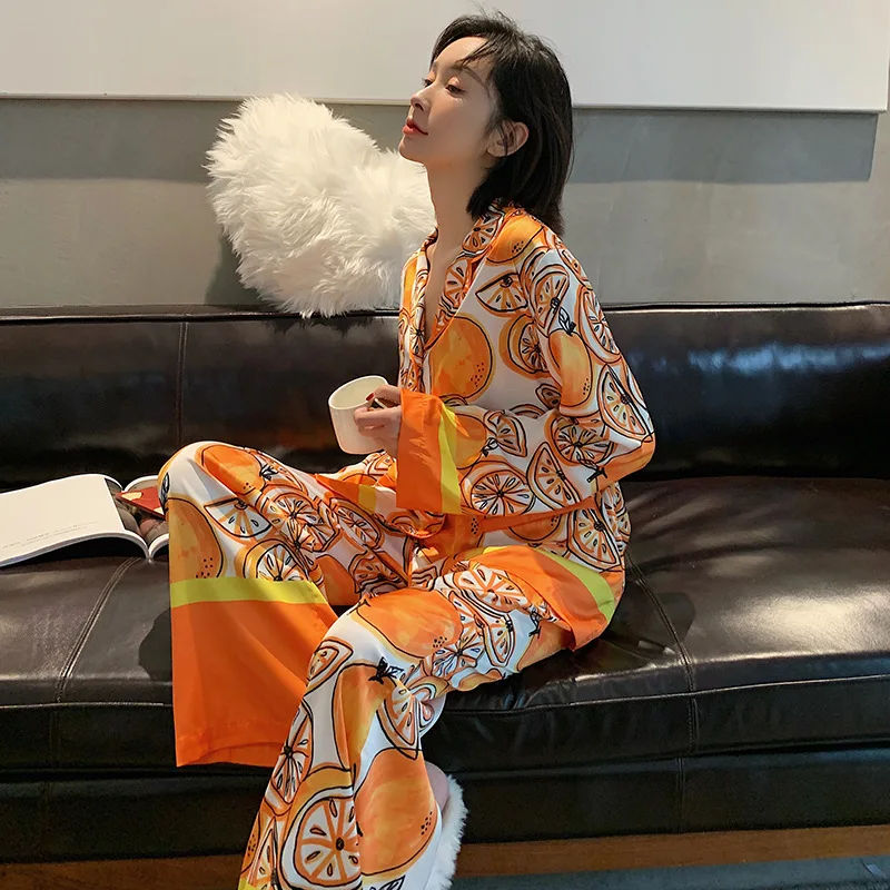 Women's Orange Print Pajama Set Satin Silk Sleepwear Long Pants New Two Piece Suit Spring Summer Lingerie Homewear for Female
