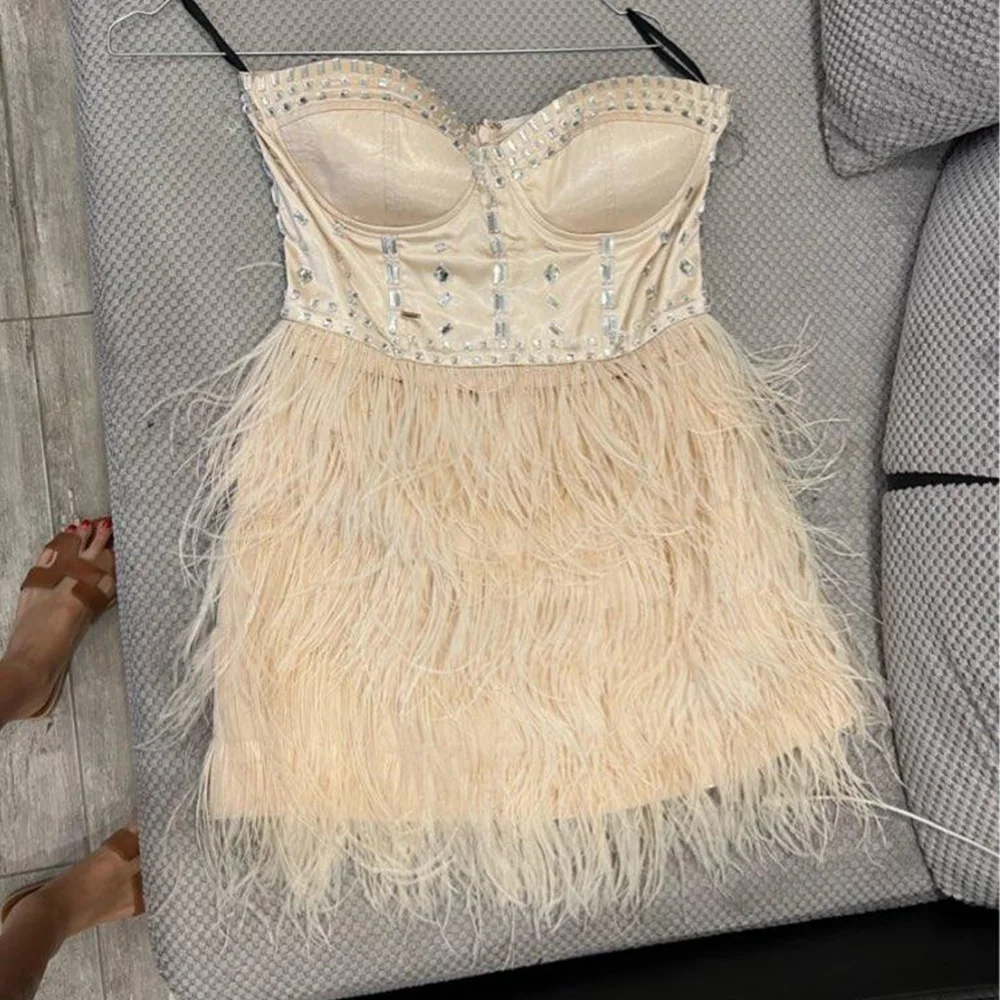 

Birthday Dress Feather Stones Short Prom Gown