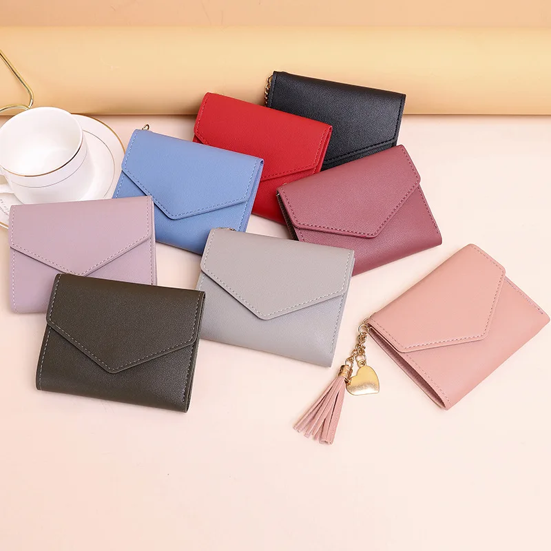 

New Short Wallet Tassel Pendant Lychee Pattern Wallet Card Holder Cute Coin Purse Storage Bag