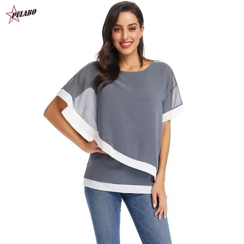 

Chiffon Blouse PULABO y2k Casual Short Sleeve Women Tops and Blouses Fashion Patchwork Shirt Blusas Camiseta Mujer 5XL