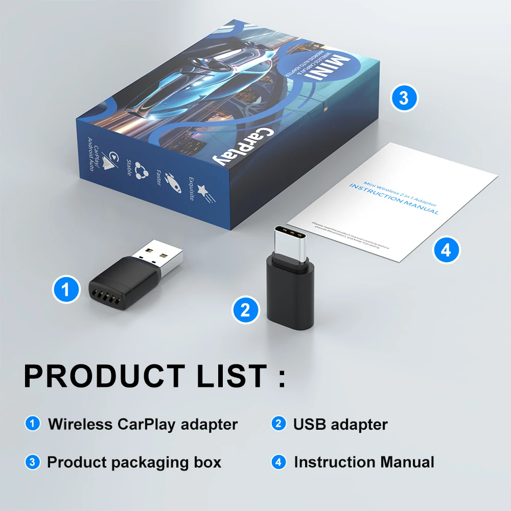 

Беспроводной Адаптер KEBIDUMEI Mini 2-в-1 Для CarPlay И Android Auto (USB/Type-C, Wi-Fi 5.8G)