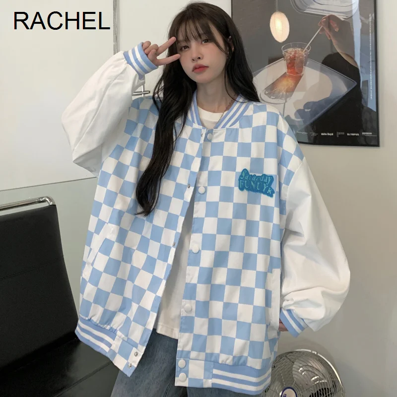 

Модное клетчатое пальто для шахматной доски, Женская стильная Свободная куртка на весну и осень, бейсбольная куртка