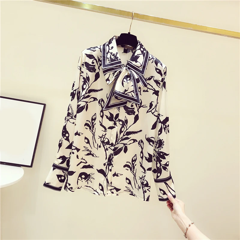 Summer New Design 2021 Chiffon Women Shirts Bow Neck Long-Sleeved Loose Elegant All Match Black Office Lady Outwear Tops enlarge