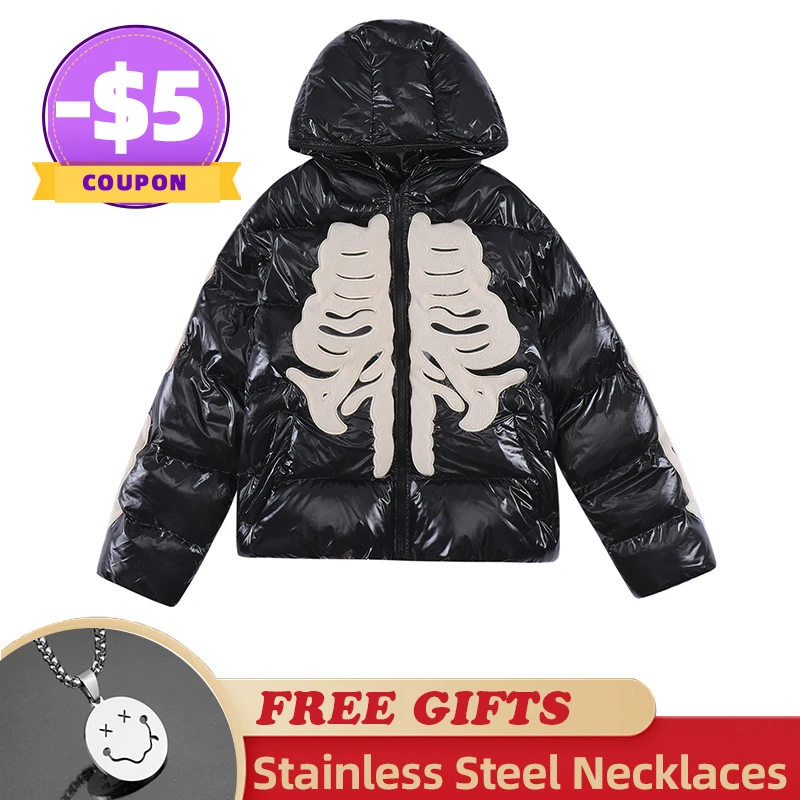 Personality Embroidery Skull Skeleton  Winter Hooded Parkas Jackets Streetwear Hip Hop Thicken Warm Bubble Zip Up Coats
