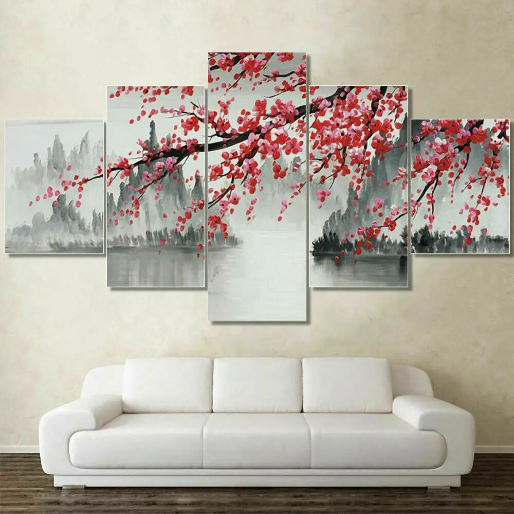 

Watercolor Plum Blossom Mountains Lake Canvas Prints Painting Wall Art Decor 5 Panel Poster Home Decor Room Decor Paintings