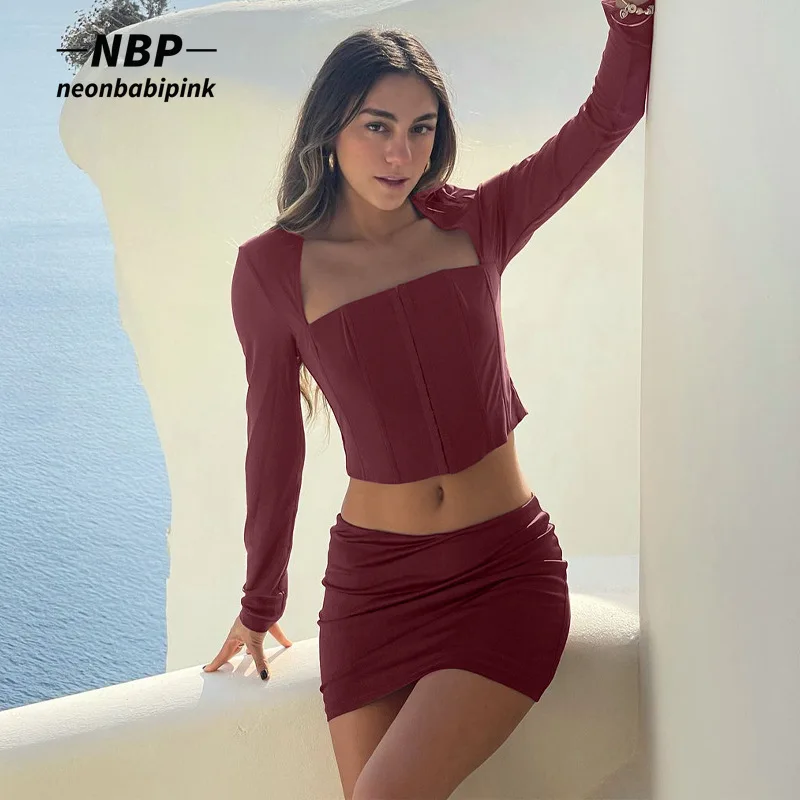 

Комплект из двух предметов NEONBABIPINK, женская одежда, сексуальный Модный женский короткий топ с длинным рукавом, мини-юбка, облегающее платье, ...