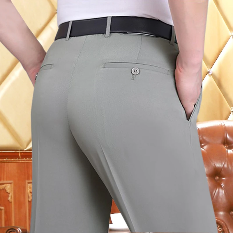 Негладимые мужские костюмные брюки из ледяного шелка свободные прямые с высокой