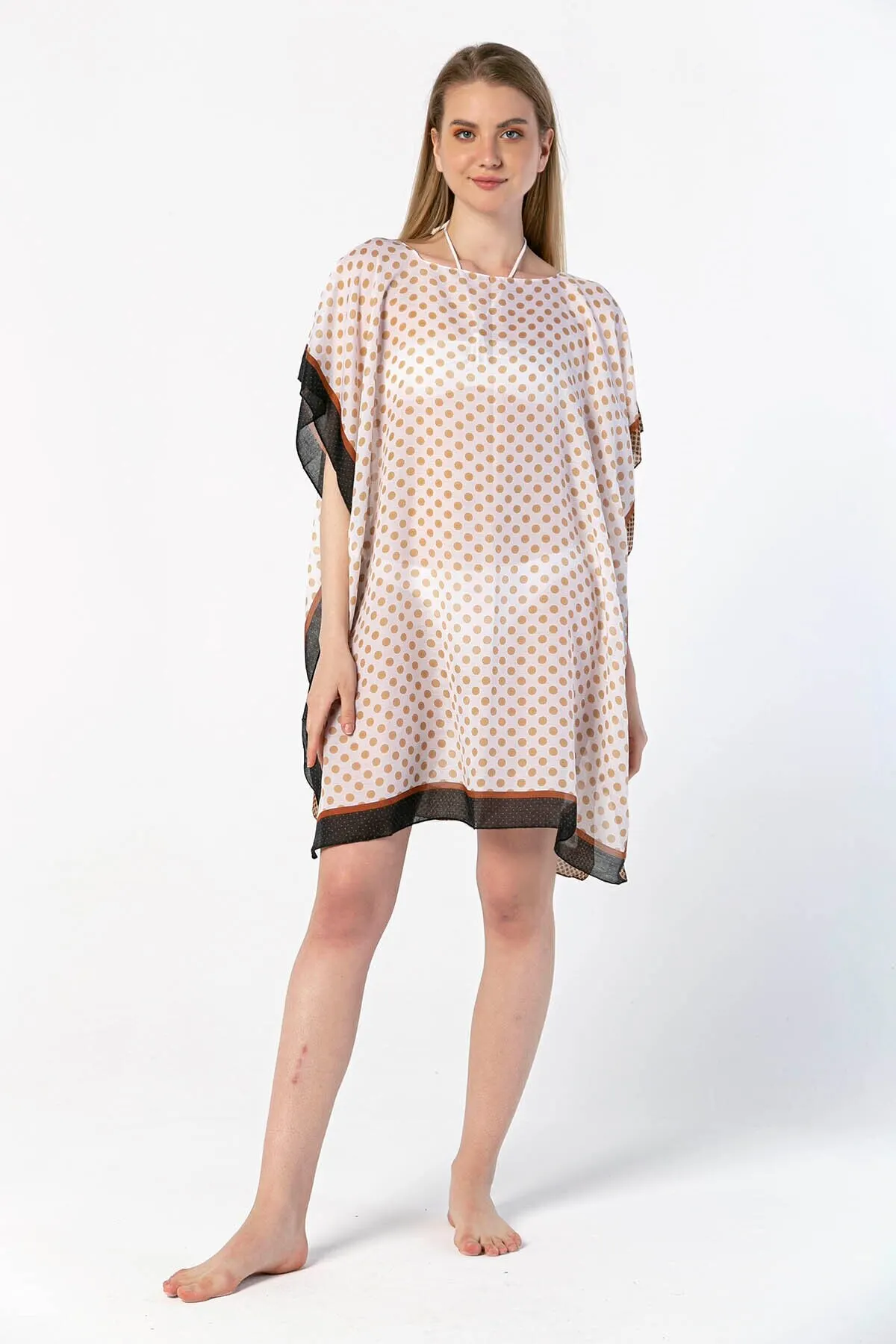 

Women's Pareo Beige Polka Dot Swimwear Cover Up Dress Sexy Tunic Suit Beachwear Female Beach Bikini Cover Loose Mini Dress
