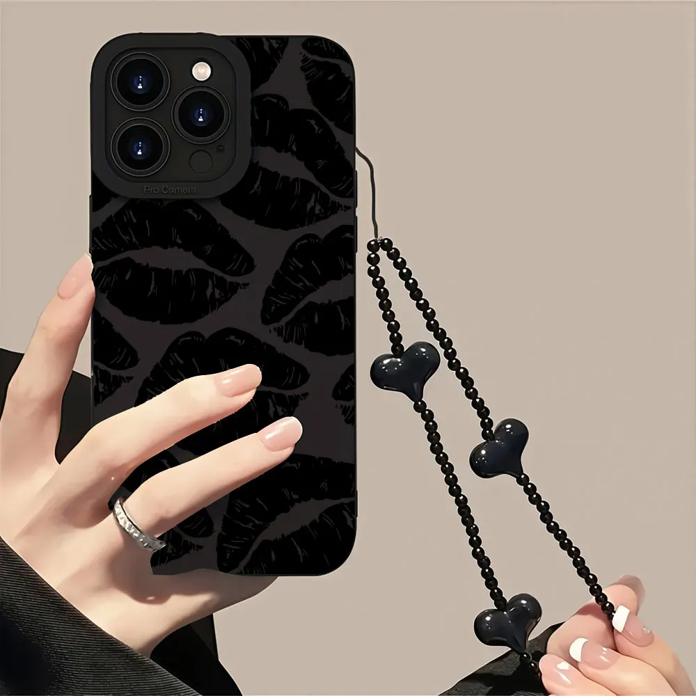 Фото Чехол для телефона с ремешком для iPhone 17 16 15 14 Pro Max 13 12 11 X XS XR 15 16 14 7 8 Plus 16E 17E, противоударный, в стиле Y2K, с черными губами, чехол-накладка №2