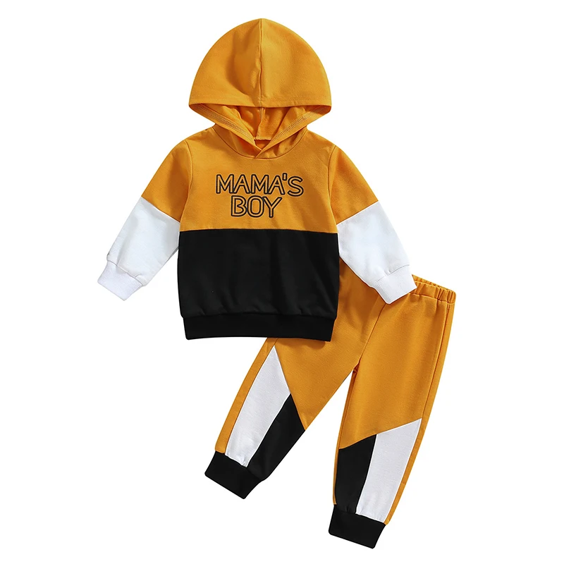 

Детский костюм из 2 предметов для мальчиков, толстовка с капюшоном с контрастными надписями и штаны в стиле пэчворк, одежда для малышей на ве...