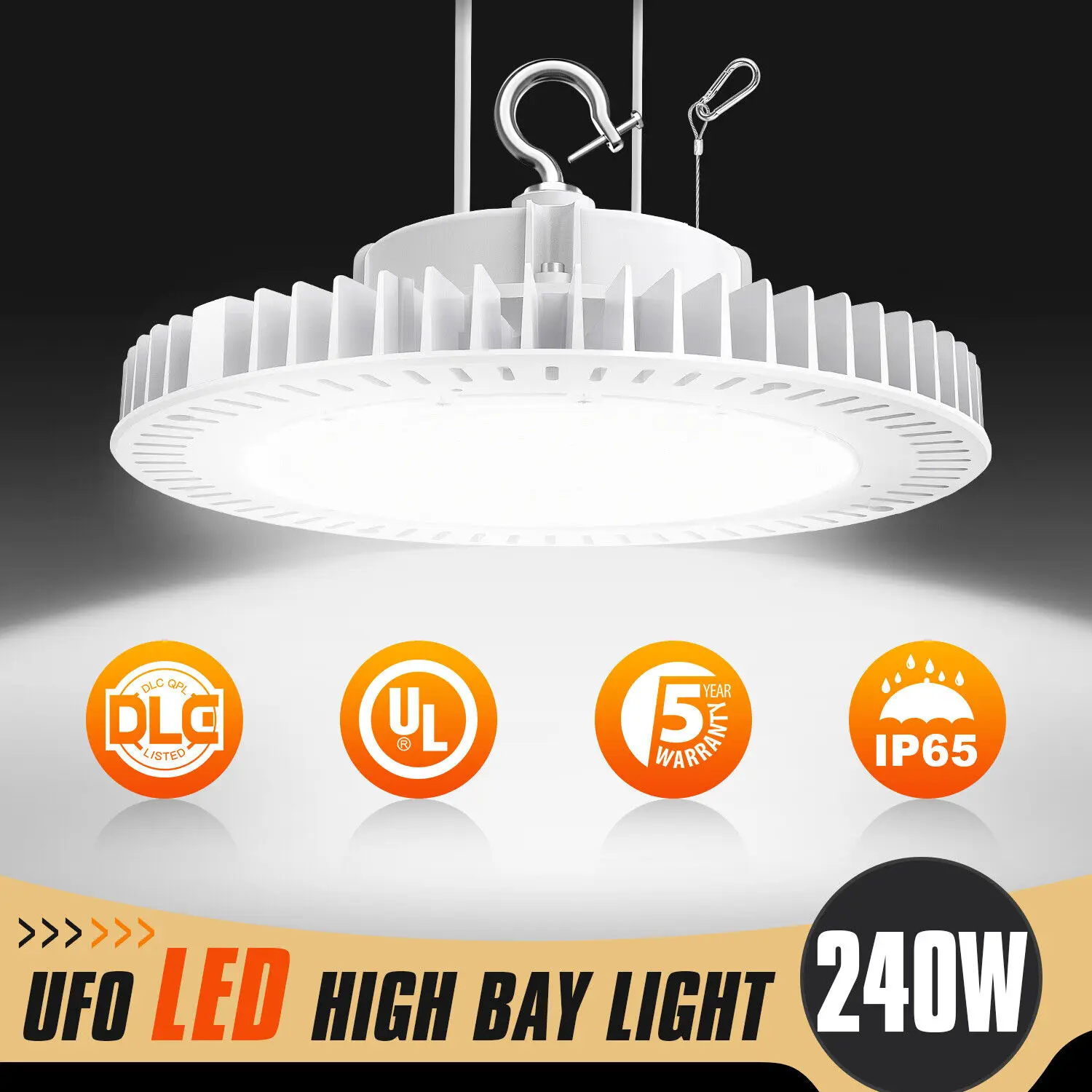 240W High Bay LED Light - UFO Shop Light 33,000lm Output IP65 Waterproof Dimmable UL Listed for Retrofitting Warehouse Factory