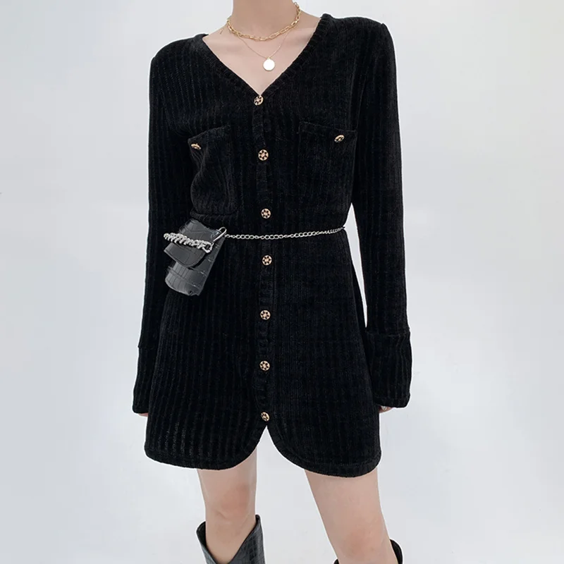 

Women's Dress Small Knitted Long Sleeved Dress 2022 New Korea Ripe Close Waist Thin A-line Skirt Forest