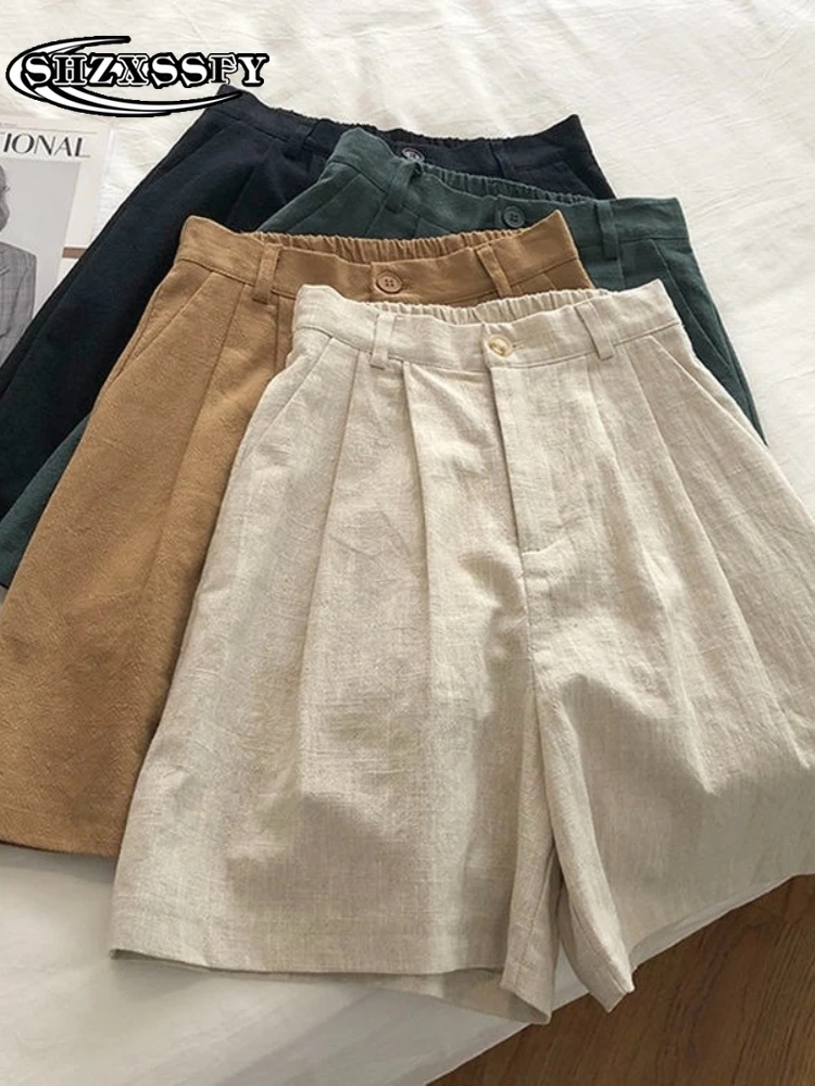 

Five Point Shorts Women High Waist Cotton Linen Solid Loose Women Sport Shorts Casual Elastic Waist Women's Summer Breeches