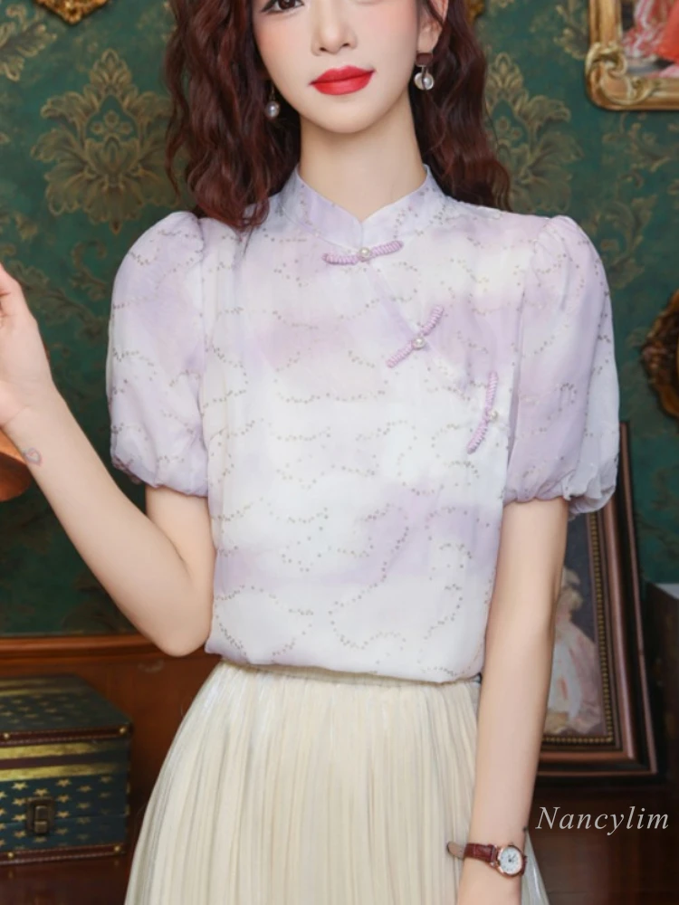 Новая шифоновая рубашка в китайском стиле с пуговицами-лягушками и коротким