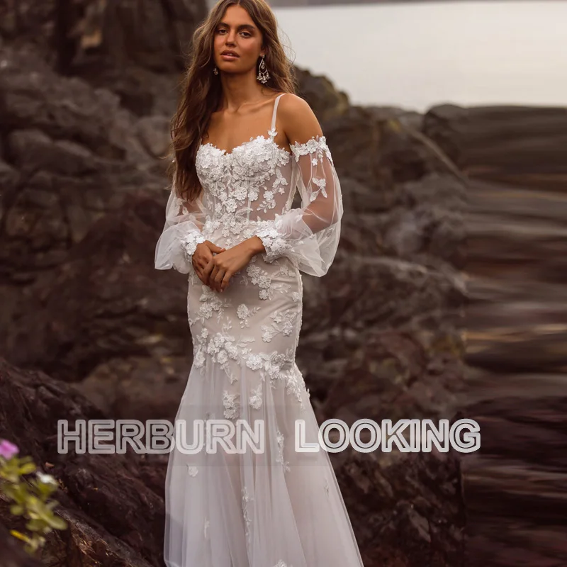 

HERBURNL Dress Customized Sweetheart Spaghetti Straps Tulle Wedding Gown 2022 A-line Lace Appliques Robe De Mariée Vestido