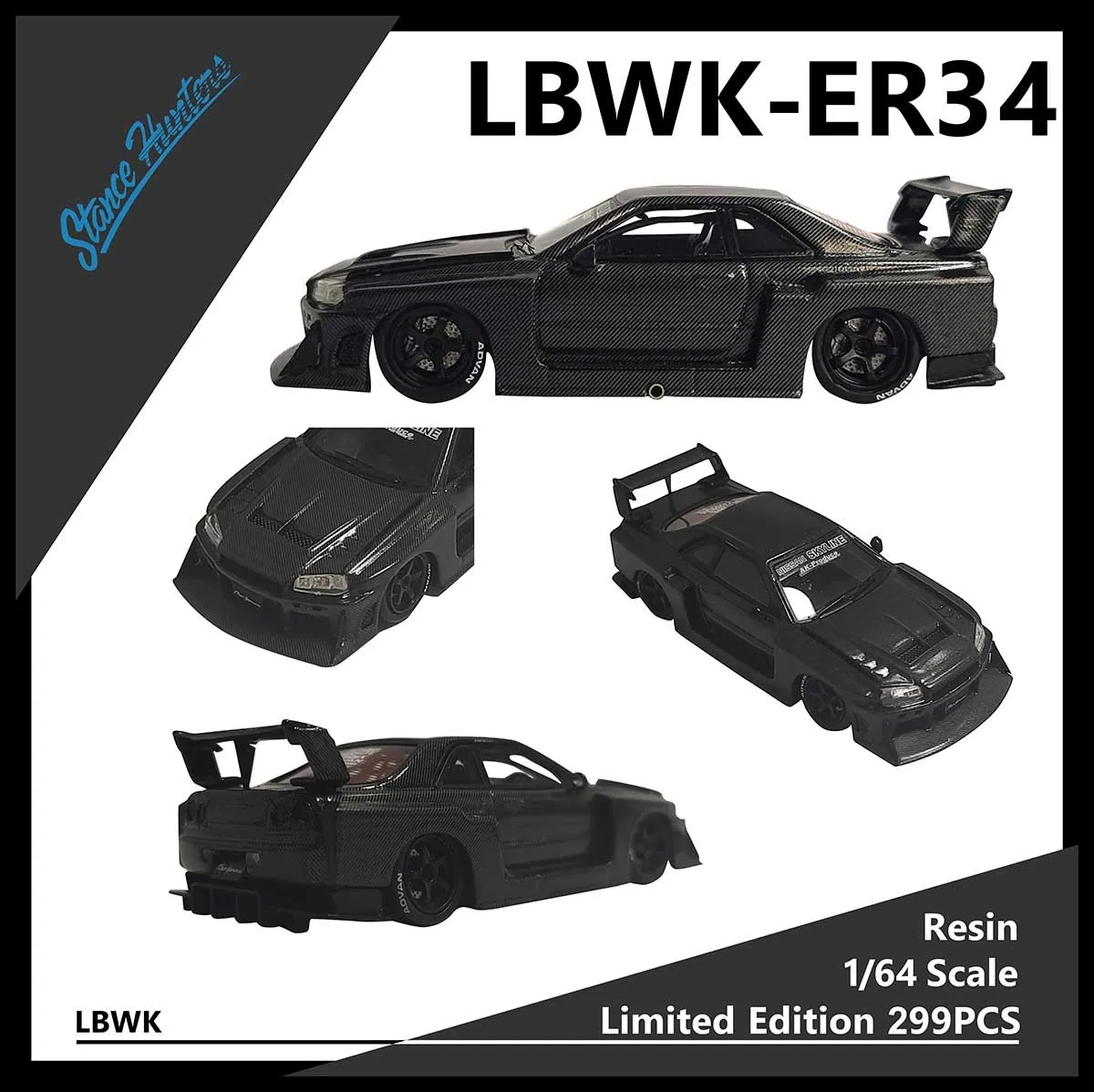 

Модель автомобиля из углеродного волокна, 1:64 Skyline GTR R34 ER34 LBWK