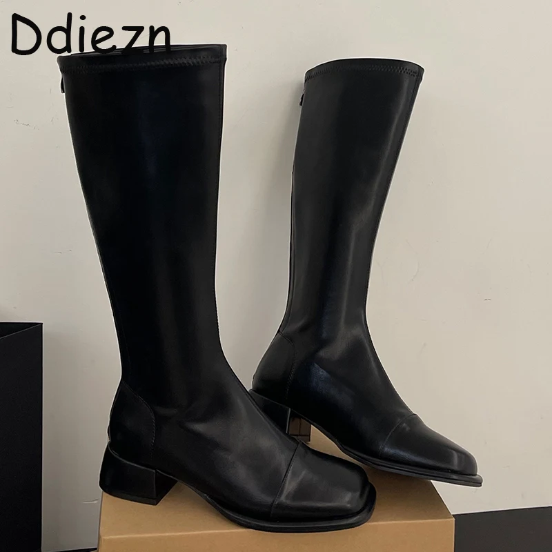

Knee High Boots Shoes For Women 2023 Square Toe Zipper Female Footwear Thick-Heeled Fashion Autumn Black Long Boots Shoes