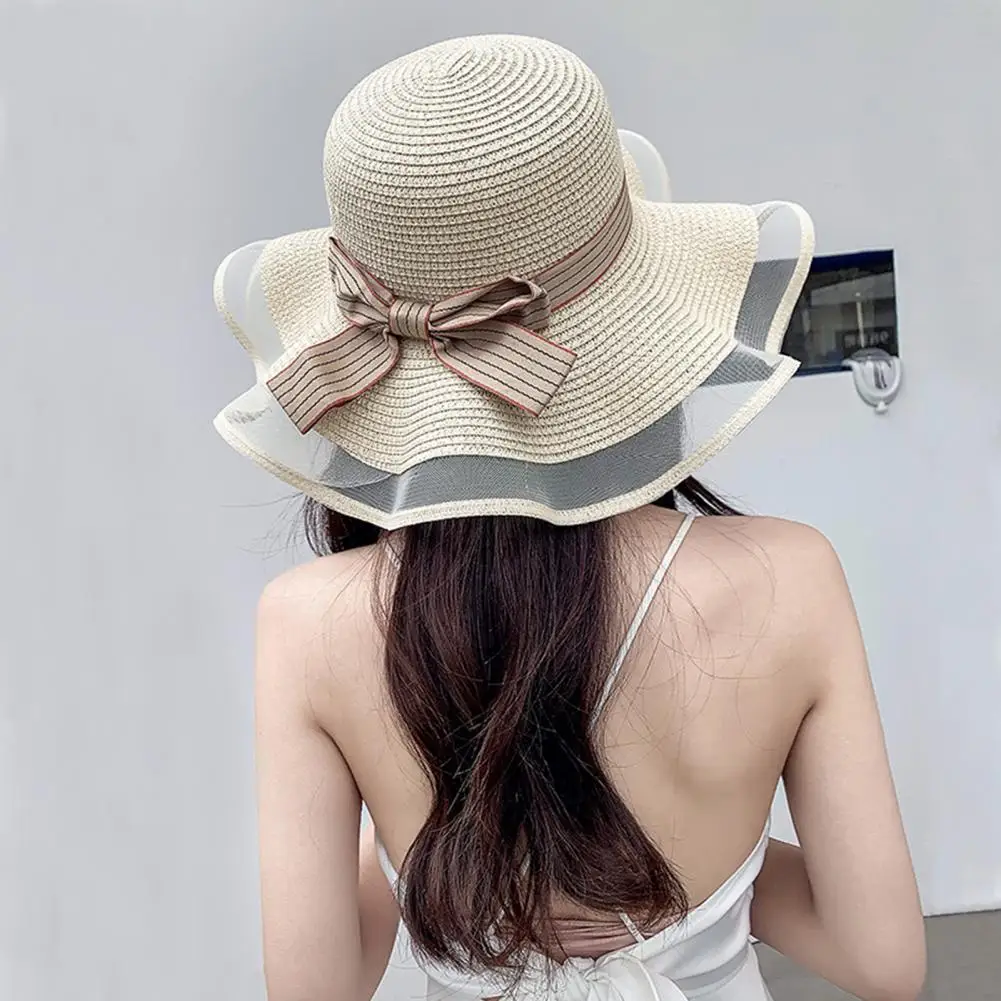 

New Korean Style Woman Straw Gauze Joint Bow Ribbon Large Brim Sunshade Ins Celebrity Outing Fashion Beach Holiday Glacier Hat