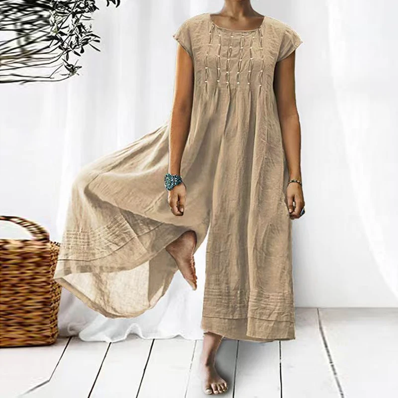 

Women's Linen And Cotton Retro Pleated Jumpsuit, Elegant Wide Legged Bra, Loose Short Sleeved Spring/summer Pants, 2023 Jumpsuit