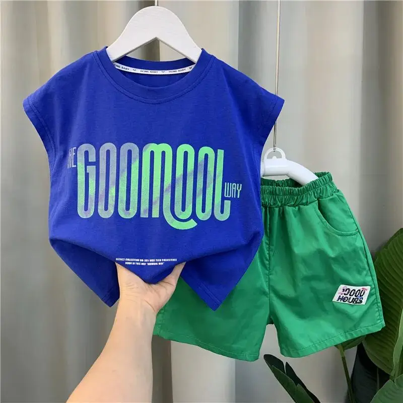 

Kids Boys Sleeveless Vest Set 2023 New Fashionable Baby Summer Clothing Set Thin Children's Top Shorts Two Piece Set