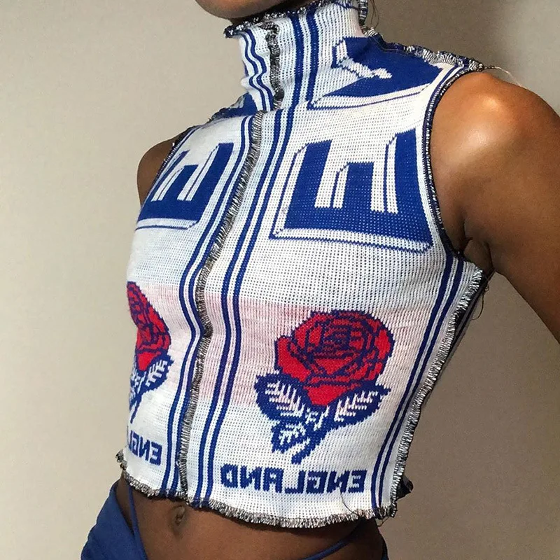 

Rose Print Crop Top Y2K Tank Top 2021 Fashion Women Turntleneck Sleevless Streetwear Vest Female Outfits Clothes Party Clubwear