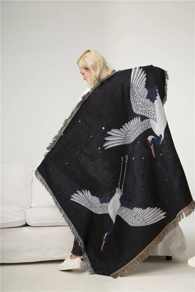 

Japanese Blankets Pattern Black Blanket Crane Art Flower Printed Soft Sofa Cover Warm Sofa Bed Sheets Animal Decoration