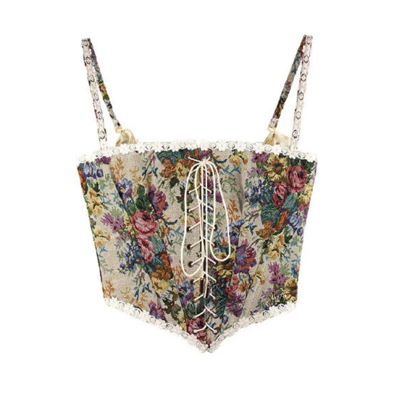 

Women Print Halter Tops Chic Bandage Retro Floral Corset Shirts Elegant Designer French Vintage Sexy Style Party Club Ladies Top