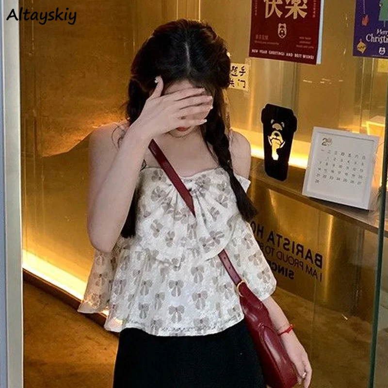 

Camis Women Simple Popular Printing New Design All-match Sexy Leisure Young Bow Holiday Street Wear Ins Korean Style Elegant Fit