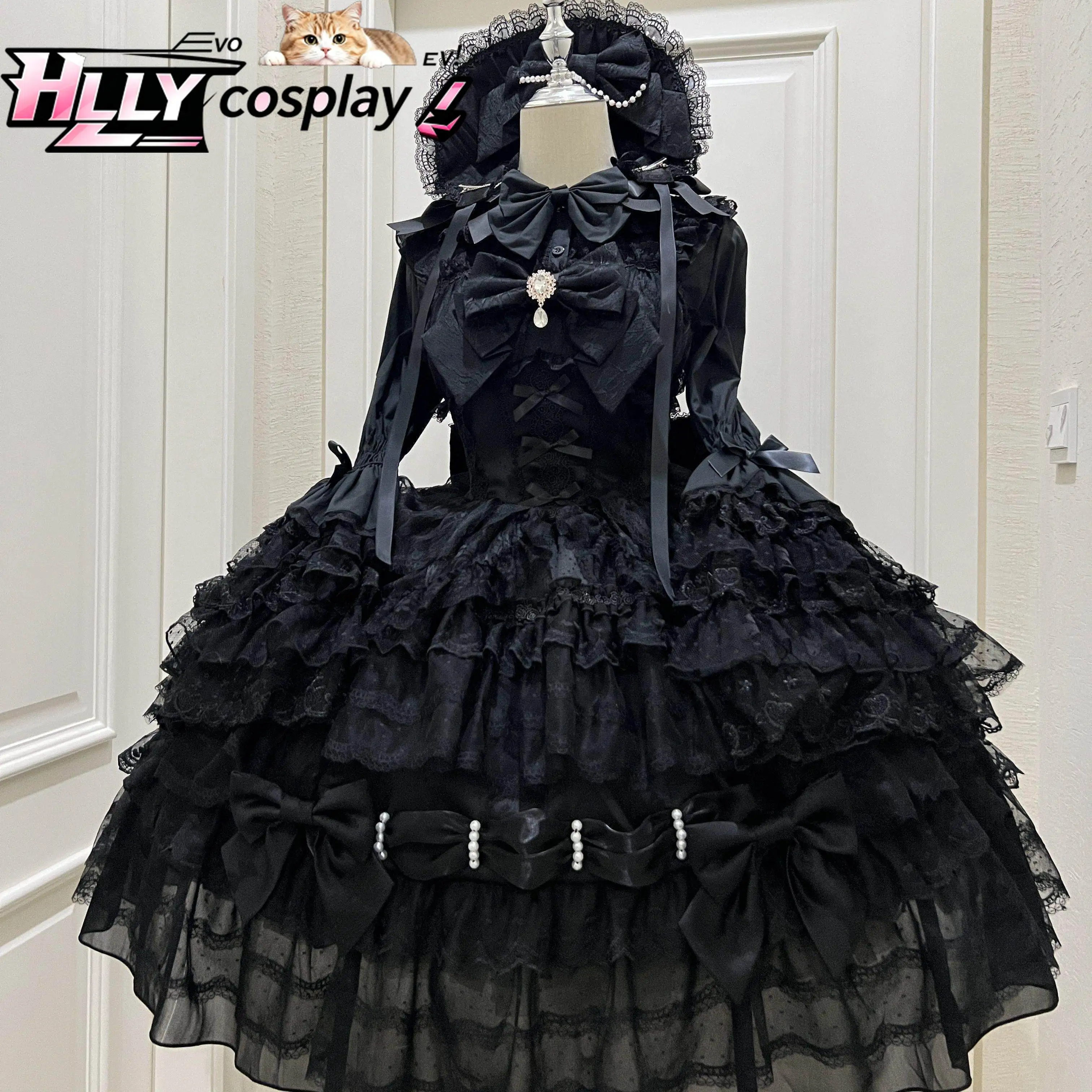 Фото Оригинальное платье JSK в стиле Sweet Lolita, розово-белое, с многоярусными оборками, кружевом и бантом, в кукольном стиле, винтажное, зимнее/осеннее, на бретельках №4
