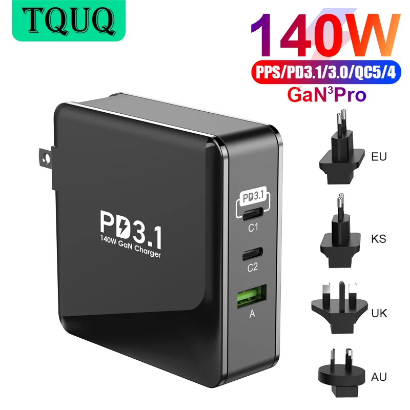 

TQUQ 140W USB C PD3.1 Fast Charger 3-Port GaN PD 100W PPS 65W QC5 Chargers For MacBook Pro 14 16 iPhone 13 12 11 Samsung Xiaomi