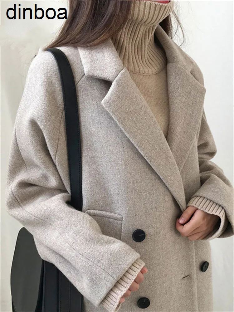 

Dinboa-korean Fashion Woolen Coats for Women Fall Winter 2022 Suits Neck Double Breasted Oversized Jacket Elegant Outerwear