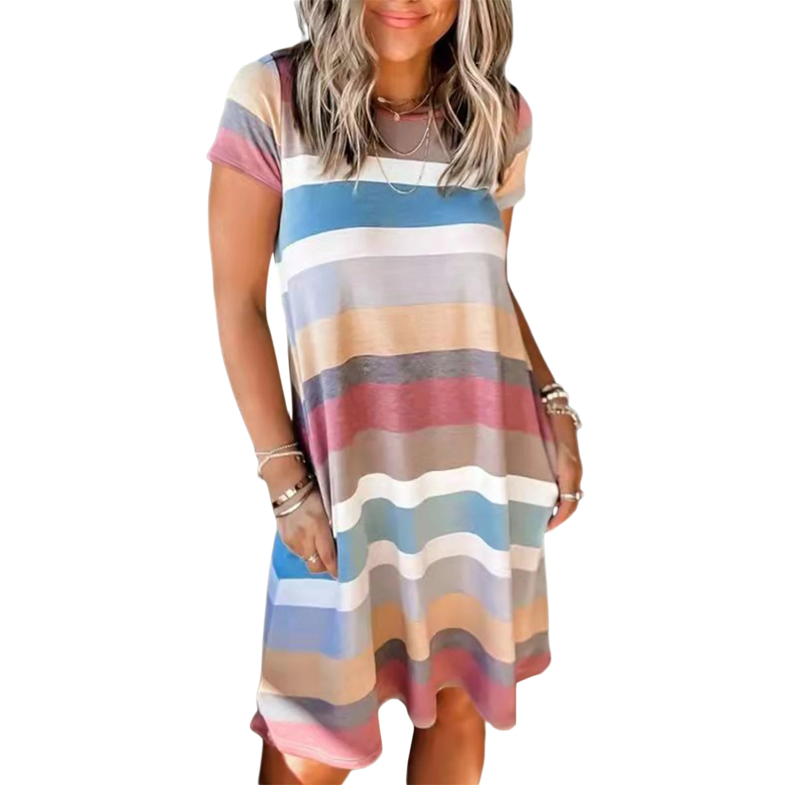 

Женское летнее платье-футболка в полоску, с коротким рукавом и круглым вырезом